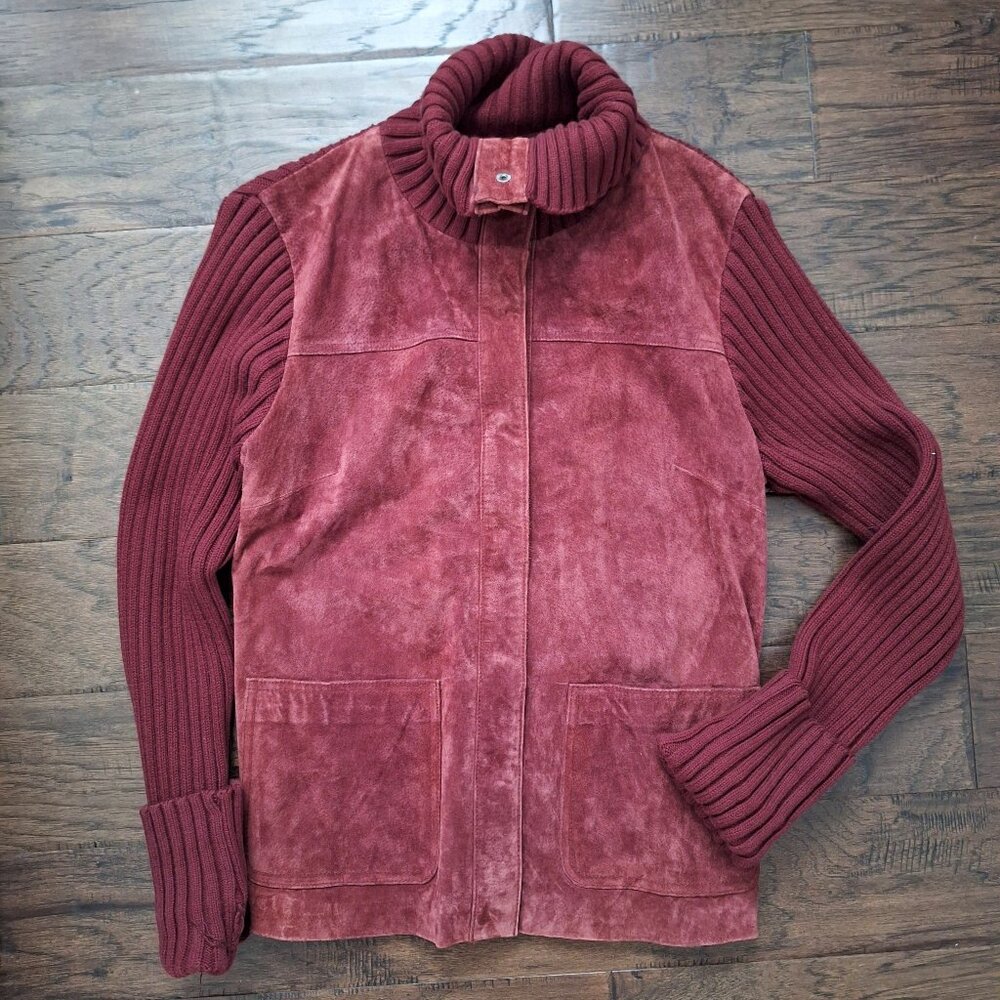 Lady Hathaway Bordeaux Red Suede Sweater Button-Down Jacket